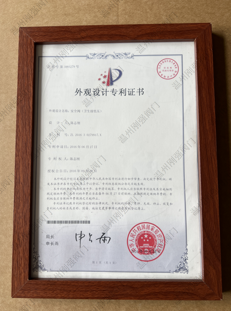 外观设计专利证书（安全阀卫生级低压）